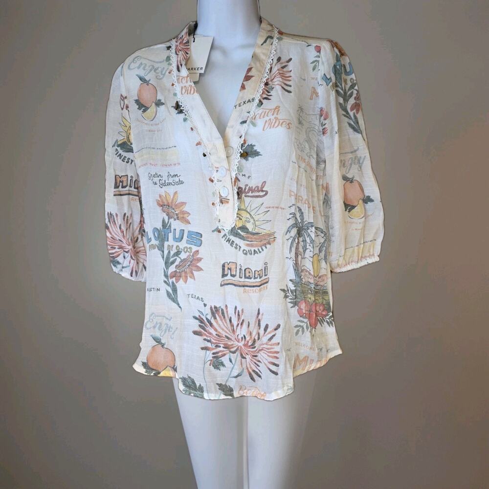Nwt Alex & Parker Linen Button Up Top‎ Beige Flora And Fauna Print Sz SP